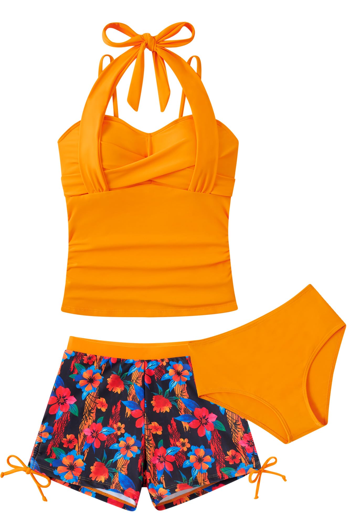 Teen Girl Swimsuits Size 10 12 Kids Bathing Suits for Teens Girl Orange Tankini Bikini with Short 3 Piece Juniors Adjustable Strap Halter Swimwear Swim Swimming Suit