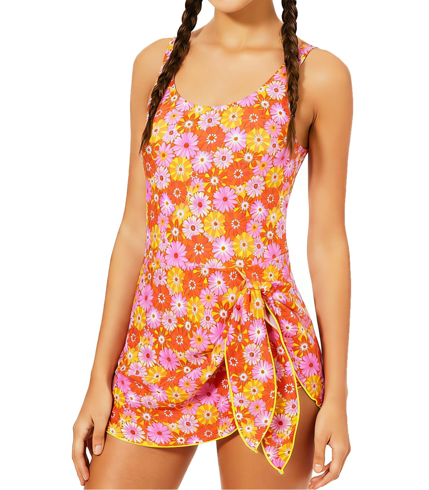 Girl Swimsuit One Piece Swim Dress Adjustable Straps Bathing Suit with Bottom Size 9-16
