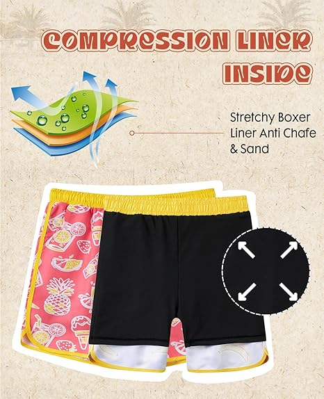 Cozople Boys Swim Trunks with Compression Liner Vintage Bathing Suit Quick Dry Swim Short Swimsuit 7-16T
