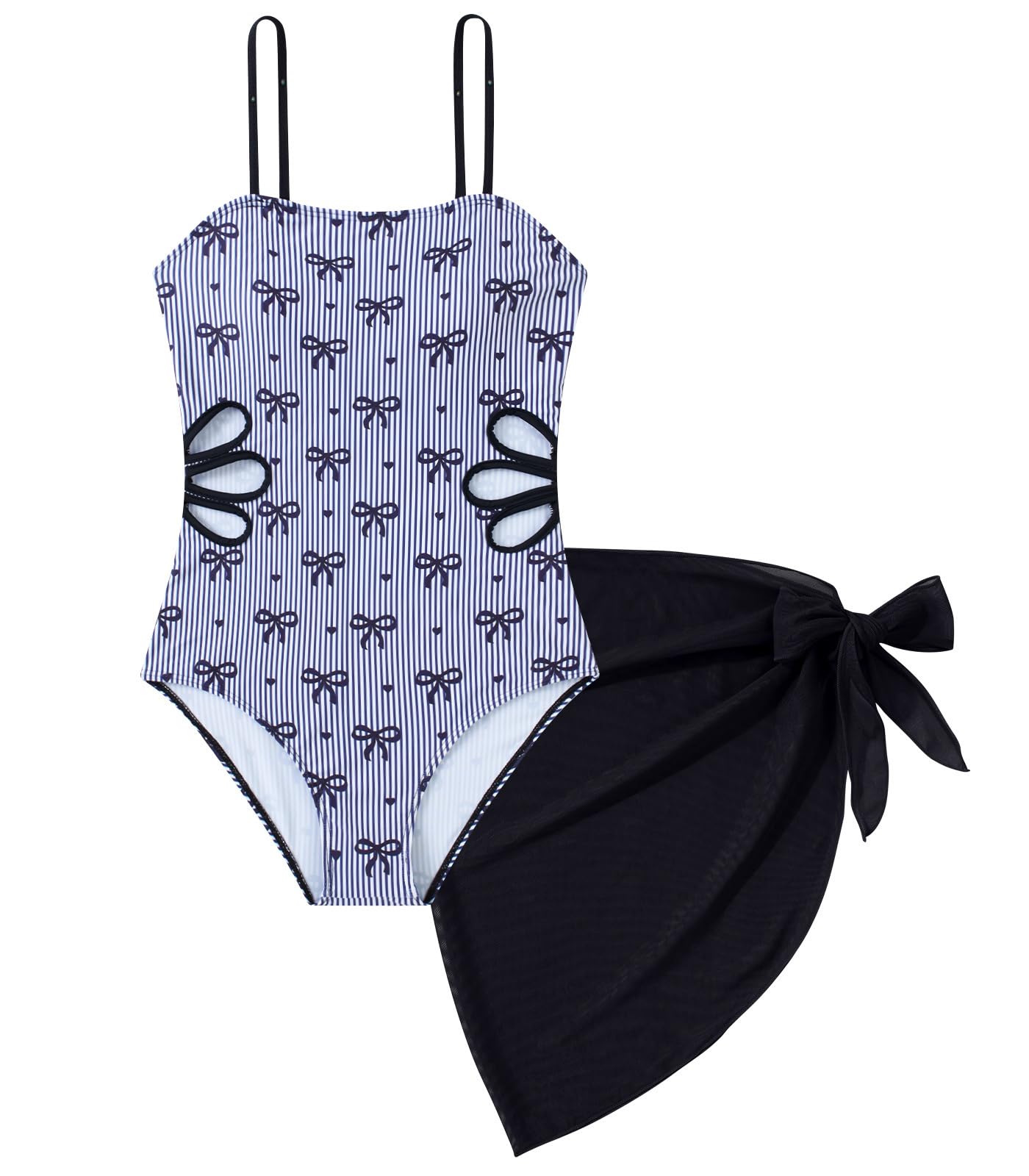 Girls Swimsuit Cut Out One Piece Bathing Suit Adjustable Straps Swimwear with Cover Up Skirt Size 9-16