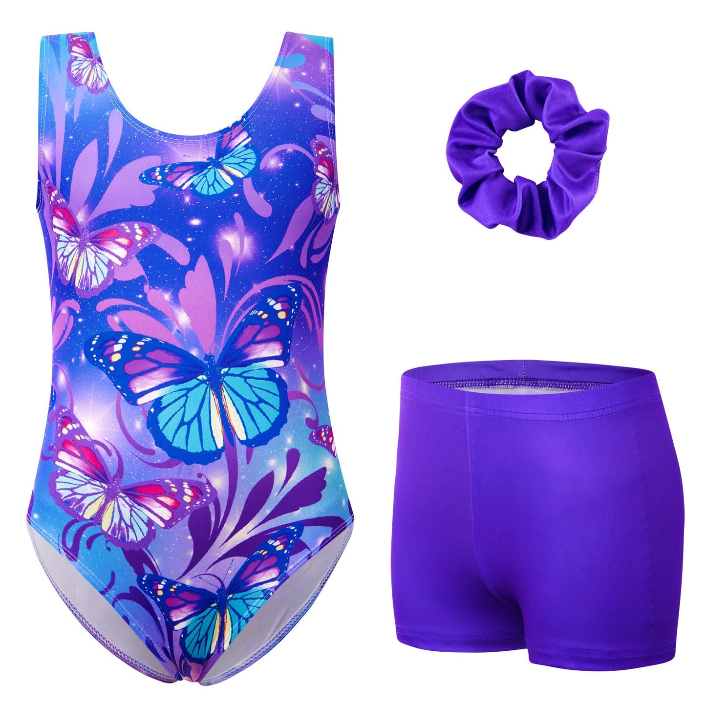 uideazone Gymnastic Leotard for Girls Sparkly Dance Unitards with Shorts and Hair Scrunchie 3Pcs Gym Set for 4-11 Years