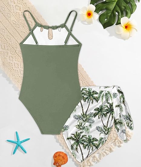 Girls Swimsiut One-Piece Bathing Suit with Mesh Cover Ups Adjustable Straps Cut Out Swimwear Size 7-16