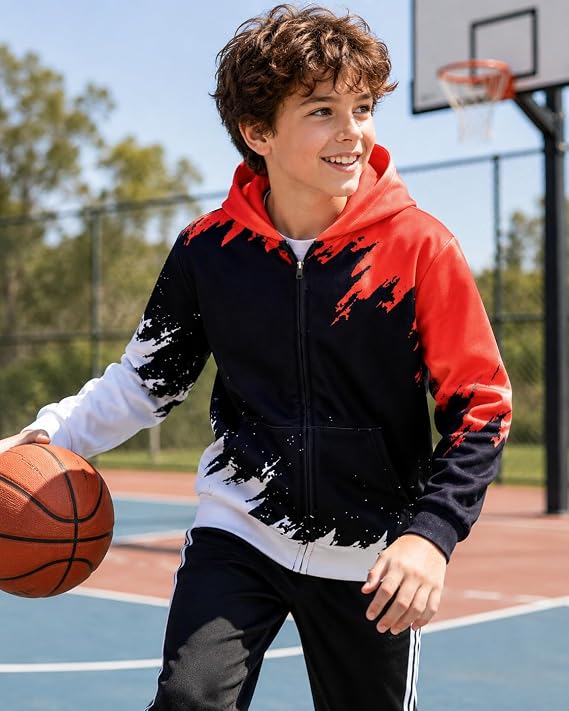 Boys Hoodies Sweatshirt Cool Pullover with Pockets Size 6-14 Years | Full zipper, 3D graphic prints, kangaroo pocket, polyester spandex, school and casual layering,Size 6-14