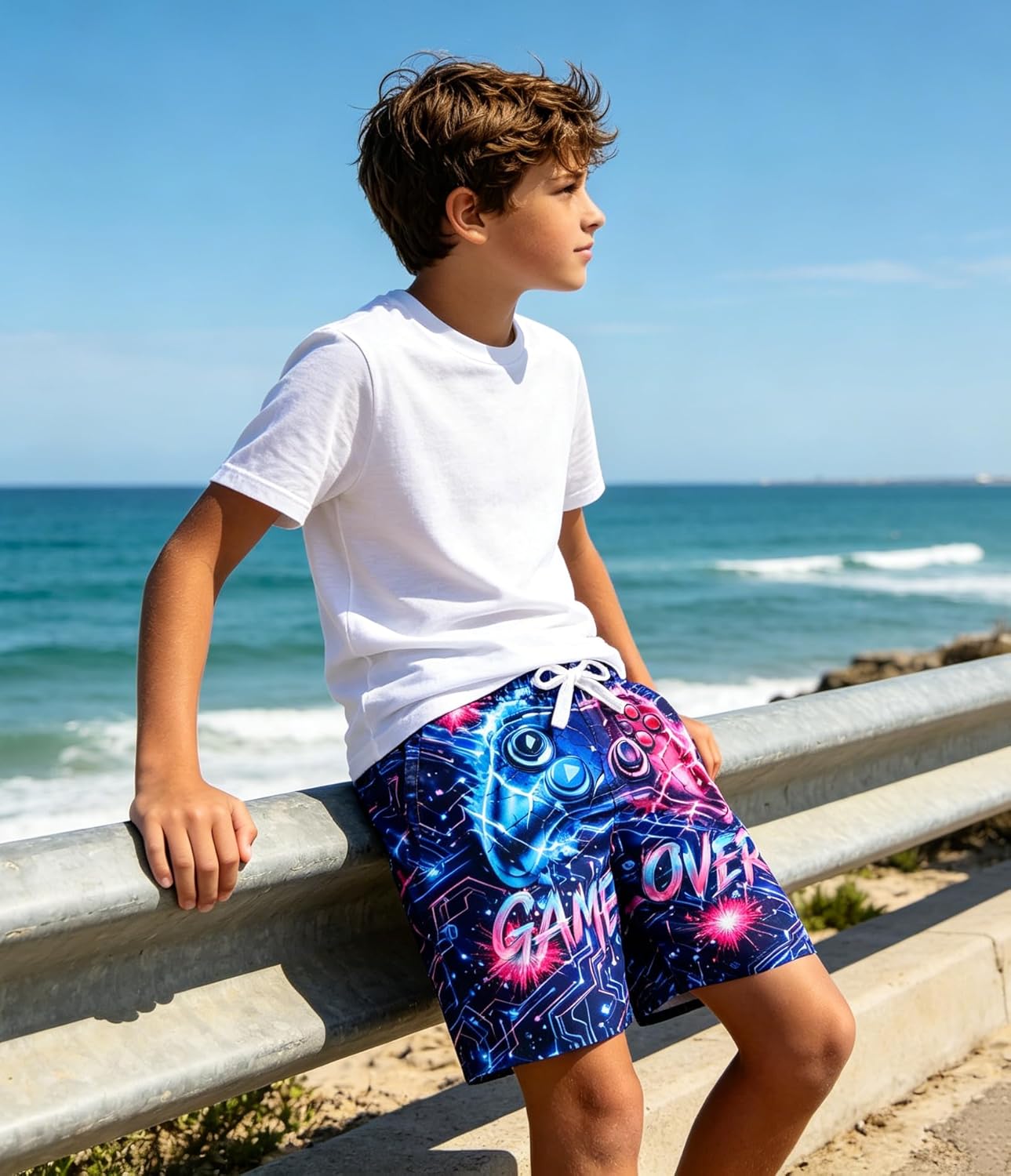 Cozople Boys Swim Trunks with Compression Liner Neon Bathing Suit Quick Dry Swim Shorts Swimsuit 7-16T