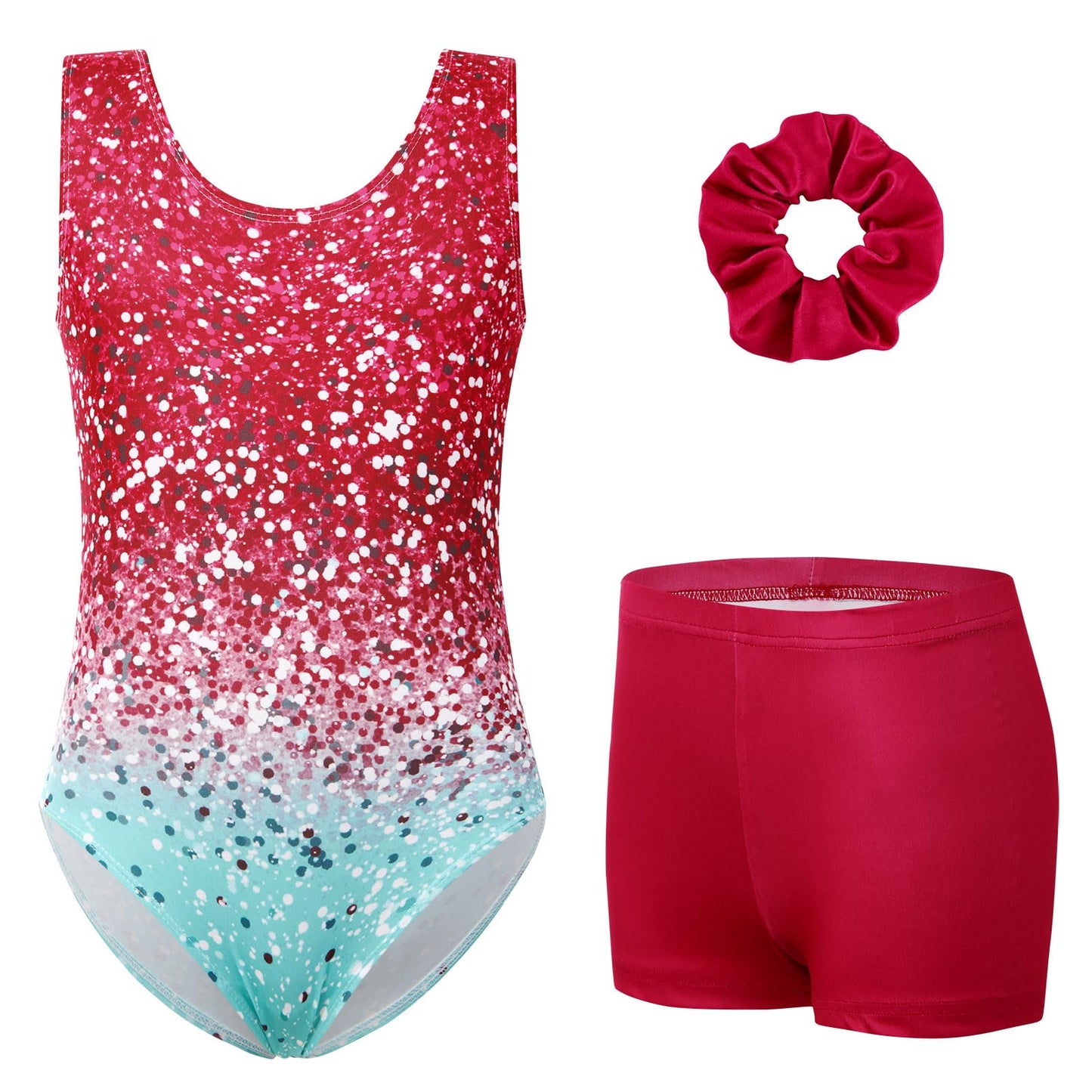 uideazone Gymnastic Leotard for Girls Sparkly Dance Unitards with Shorts and Hair Scrunchie 3Pcs Gym Set for 4-11 Years