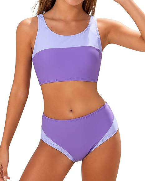 Kids4ever Girls Swimsuit 2 Piece Color Block Teen Bathing Suit Girl's Bikini Set Size 9-16Y