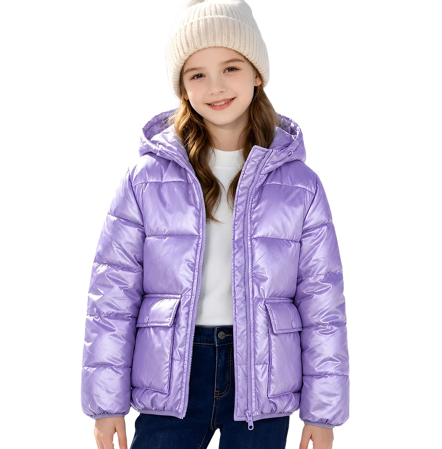 Funnycokid Girls Winter Coat Metallic Shiny Hooded Puffer Jacket 7-14Y