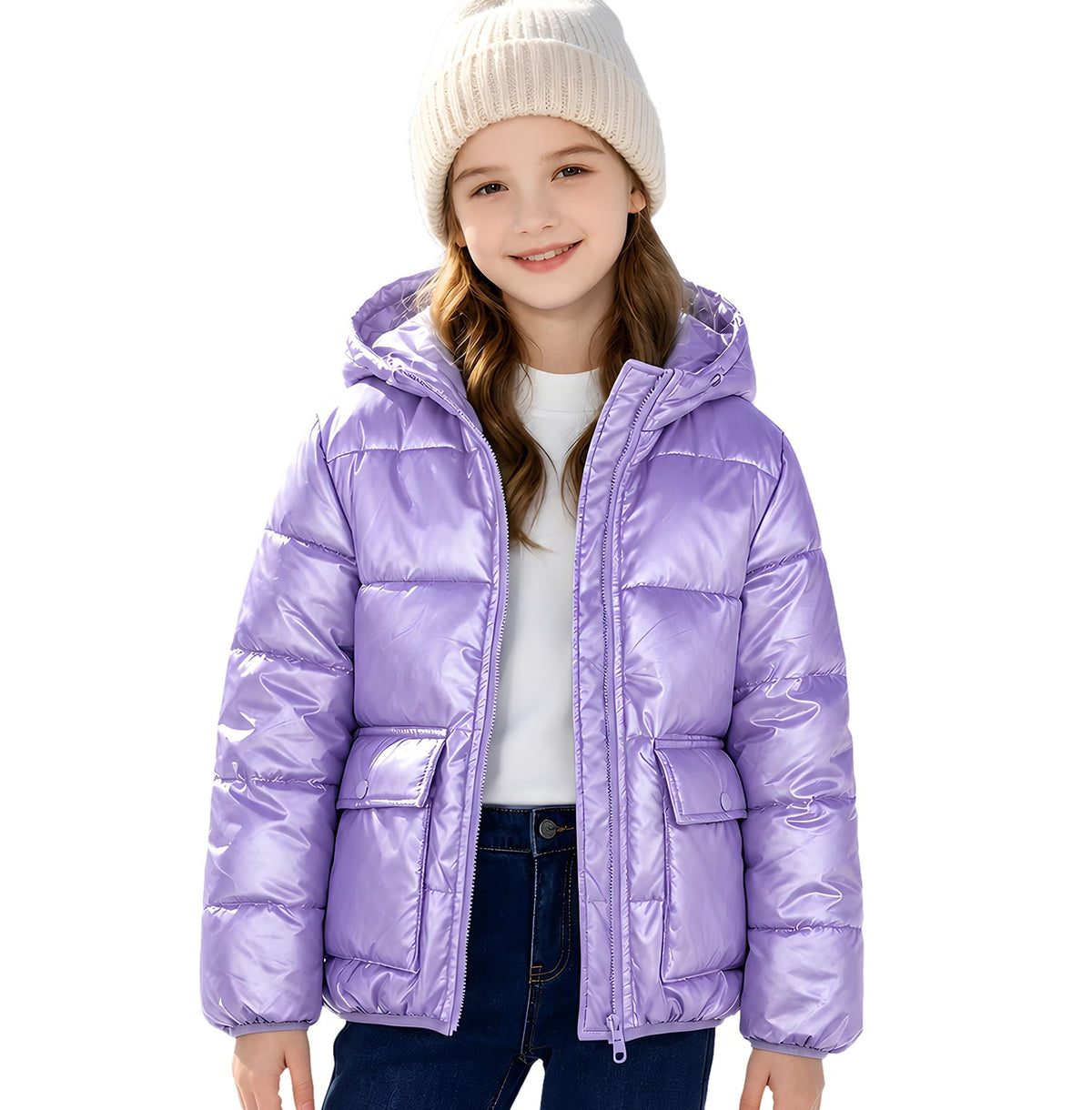 Funnycokid Girls Winter Coat Metallic Shiny Hooded Puffer Jacket 7-14Y