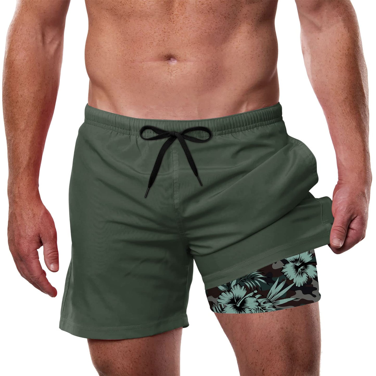 Cozople Mens Swim Trunks with Compression Liner 5.5" Inseam Quick Dry Bathing Suit Lightweight Swimming Shorts
