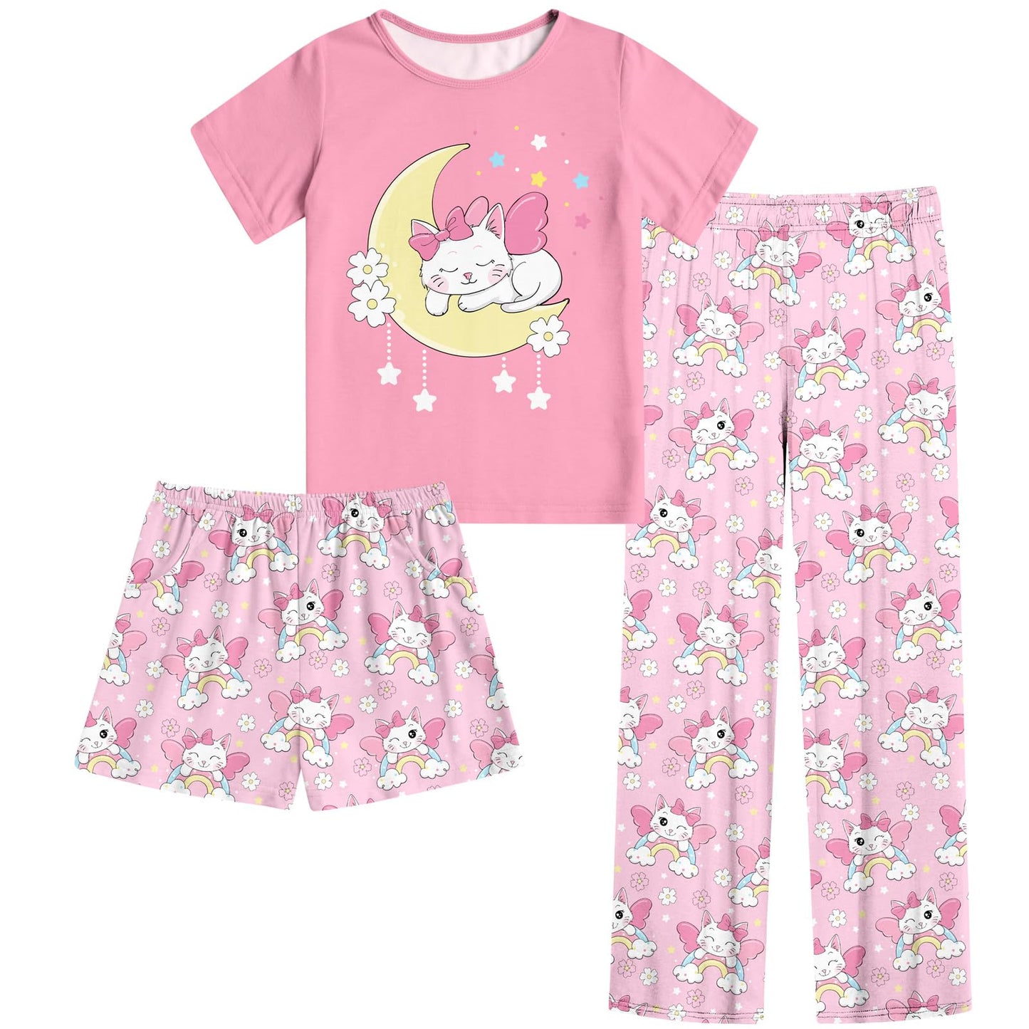 Funnycokid Girls Pajamas Kids 3 Piece Pjs Set Summer Short Sleeve Jammies with Pockets 5-14 Years