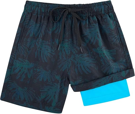 Cozople Boys Swim Trunks with Boxer Brief Liner Compression Swimwear Quick Dry Swim Shorts Bathing Suits 7-20 Years