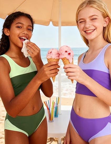 Kids4ever Girls Swimsuit 2 Piece Color Block Teen Bathing Suit Girl's Bikini Set Size 9-16Y