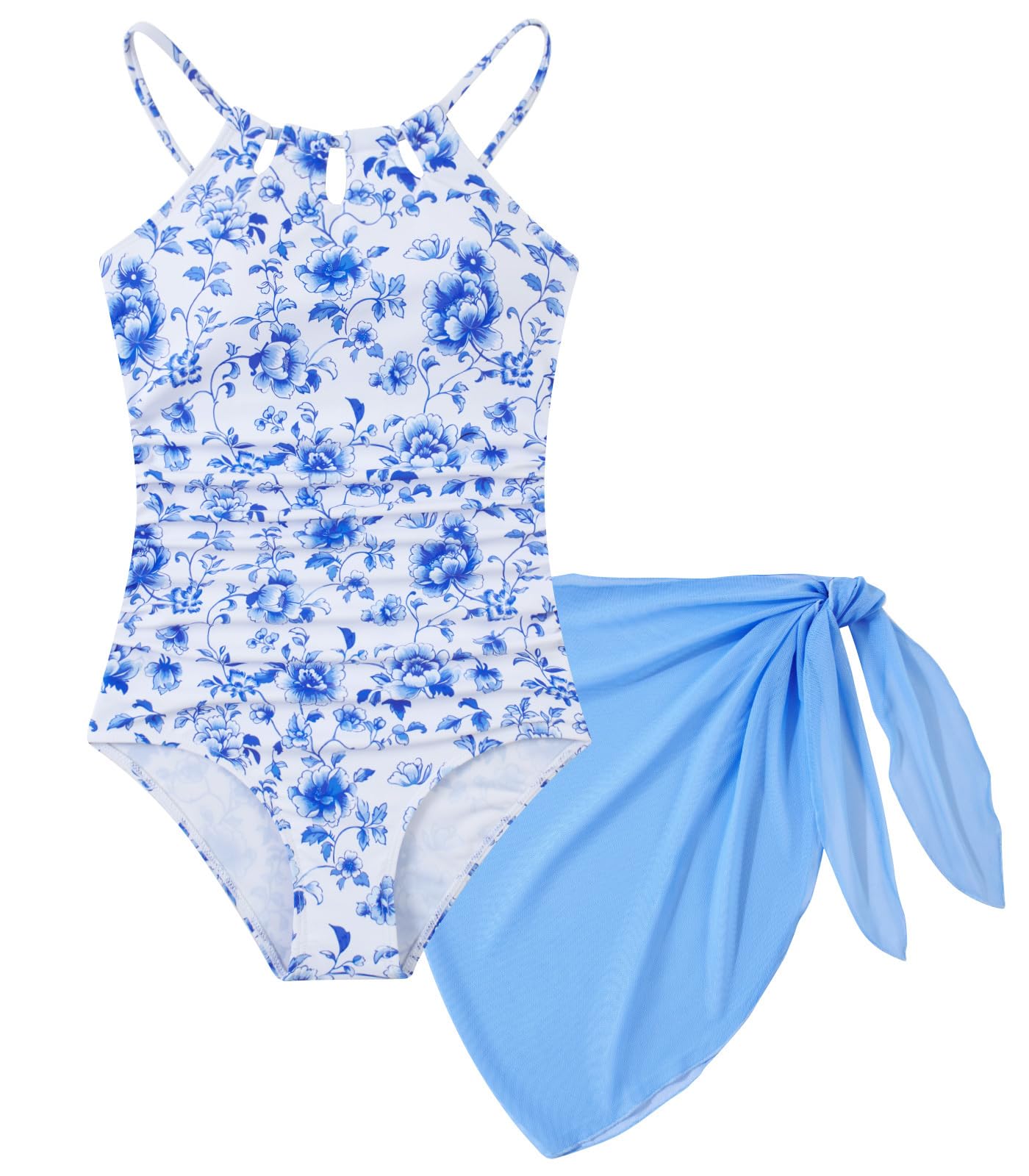 Girls Swimsuit One-Piece Bathing Suit with Mesh Cover Ups Adjustable Straps Cut Out Swimwear Size 7-16