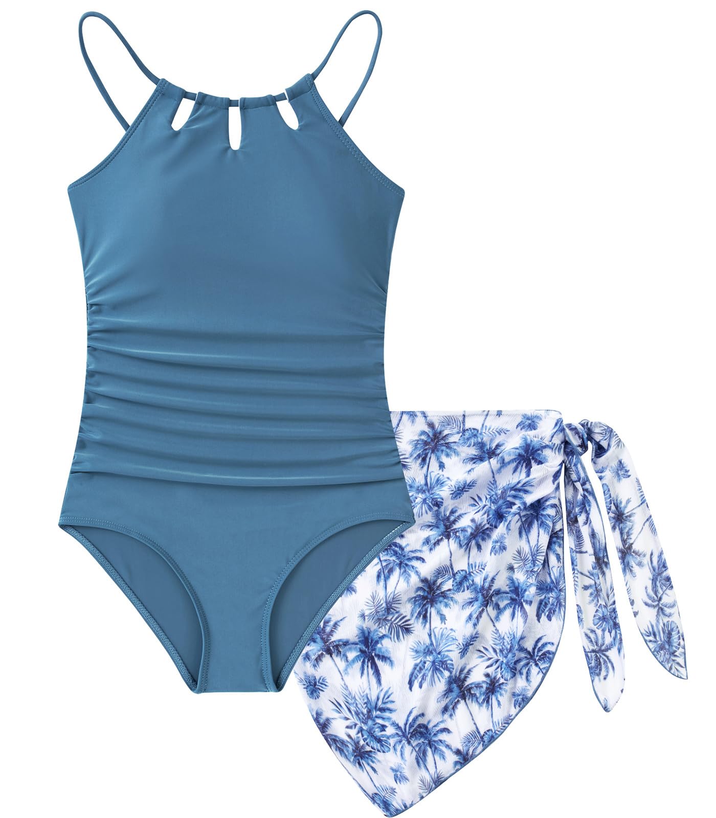 Girls Swimsuit One-Piece Bathing Suit with Mesh Cover Ups Adjustable Straps Cut Out Swimwear Size 7-16