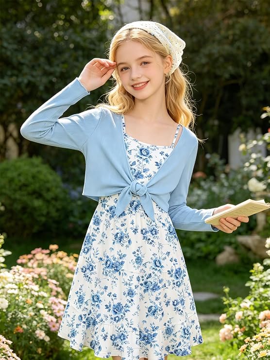 Girls Soft Stretchy Knit Cardigan,Shirred Back A-Line Dress,Picture Day Outfits for School,Tween Girls Trendy Clothes 7-14Y