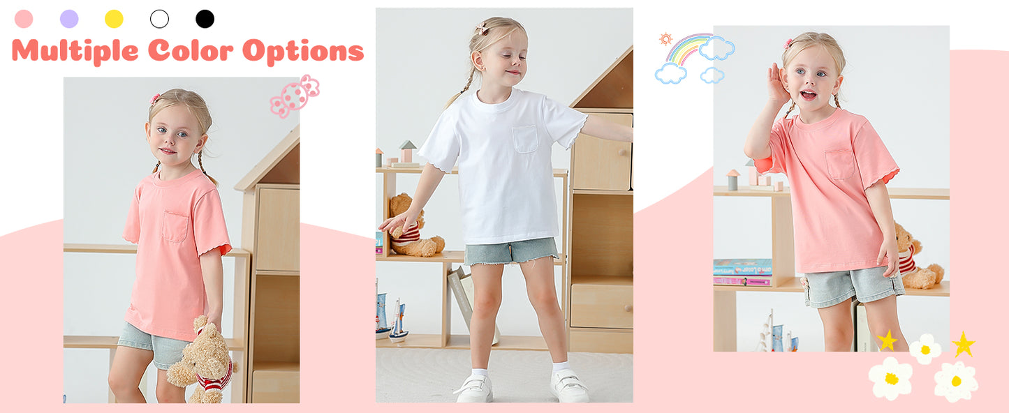 Girls Scalloped Edged T-Shirts with Pocket 3-6 Years Casual Cotton Tee Tops Blouse