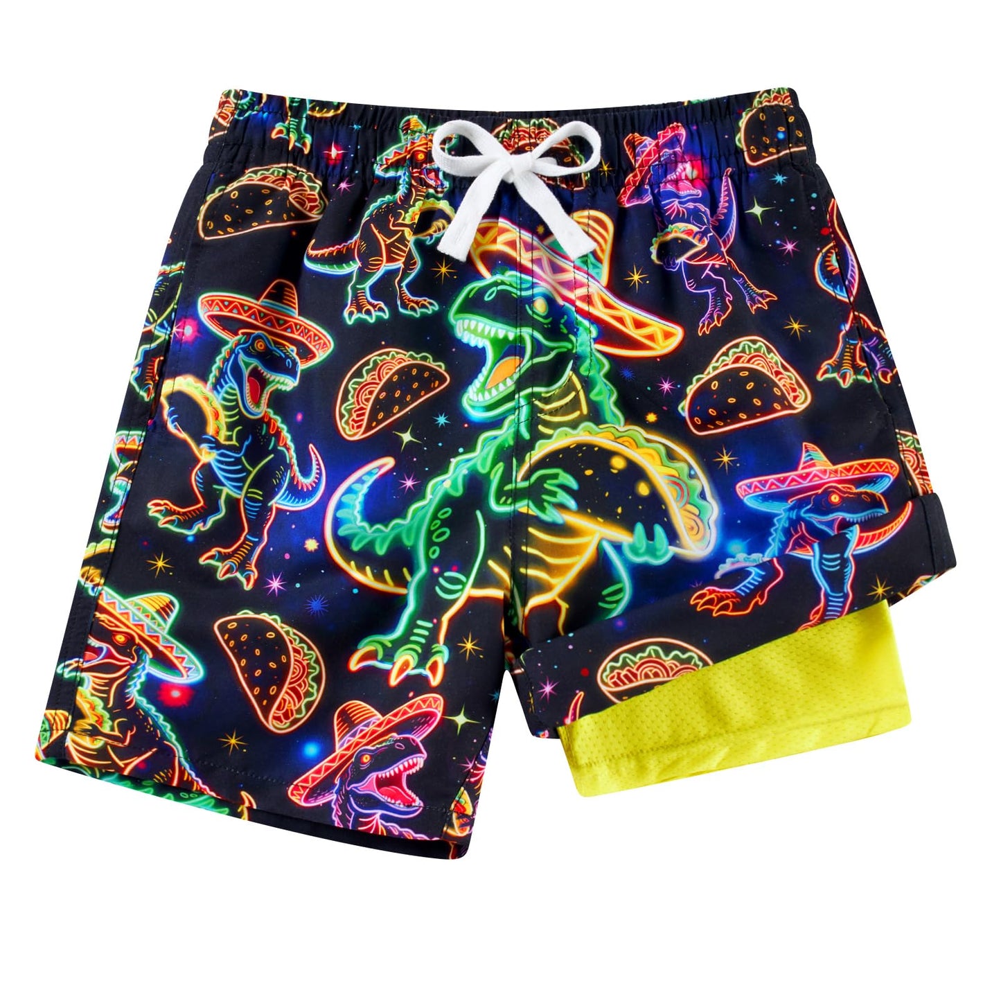 Cozople Boys Swim Trunks with Compression Liner Neon Bathing Suit Quick Dry Swim Shorts Swimsuit 7-16T