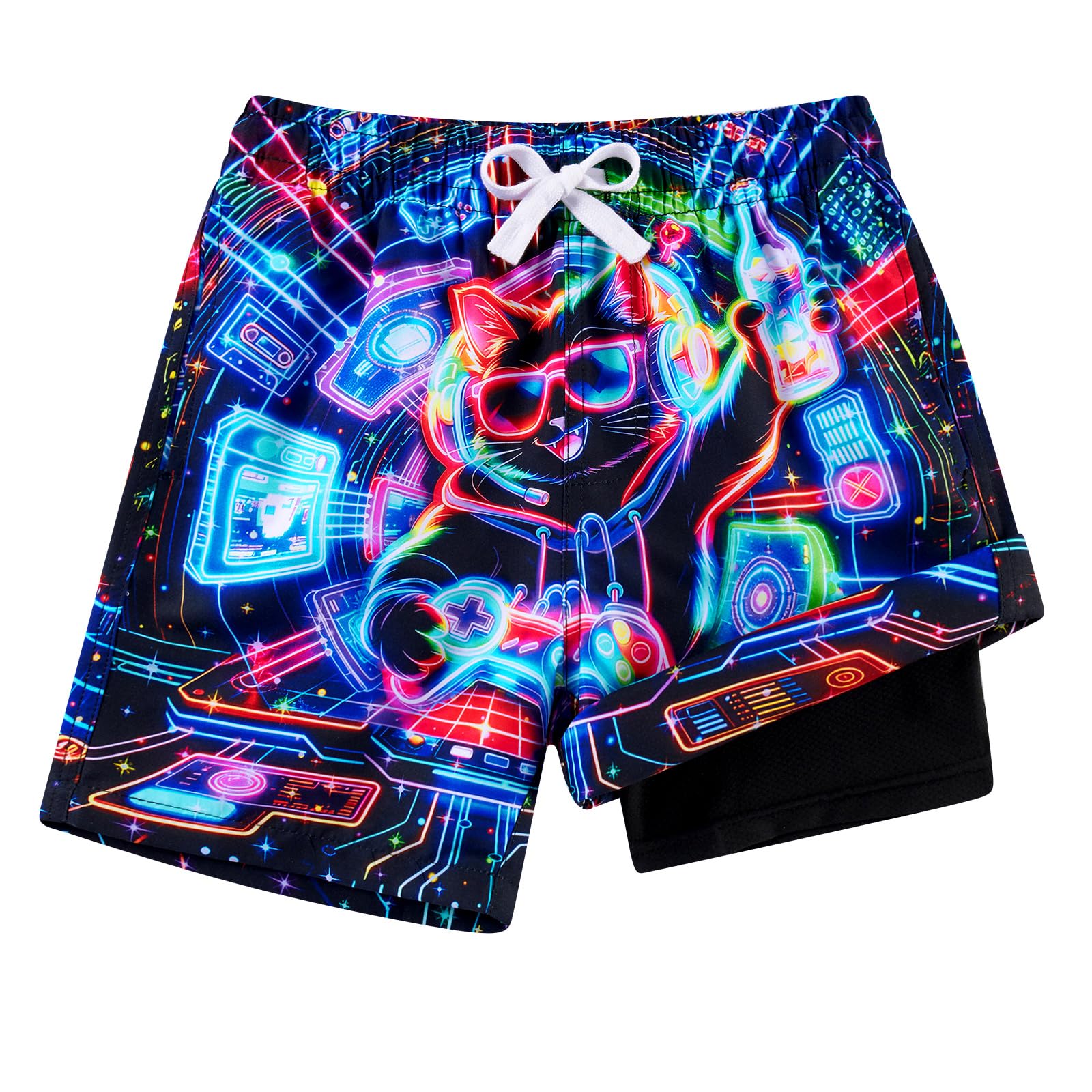 Cozople Boys Swim Trunks with Compression Liner Neon Bathing Suit Quick Dry Swim Shorts Swimsuit 7-16T