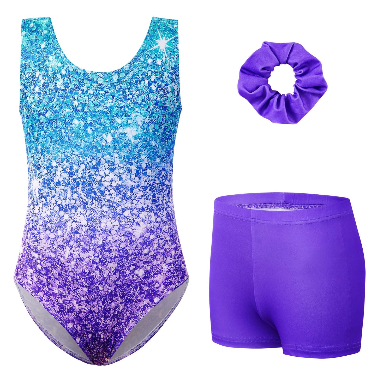 uideazone Gymnastic Leotard for Girls Sparkly Dance Unitards with Shorts and Hair Scrunchie 3Pcs Gym Set for 4-11 Years