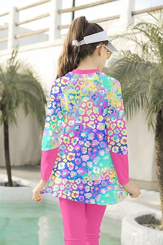 Girls Long Sleeve Rashguard Half Zip Swimsuits UPF 50+ Two Piece Swim Sets with Hairband 5-12Y