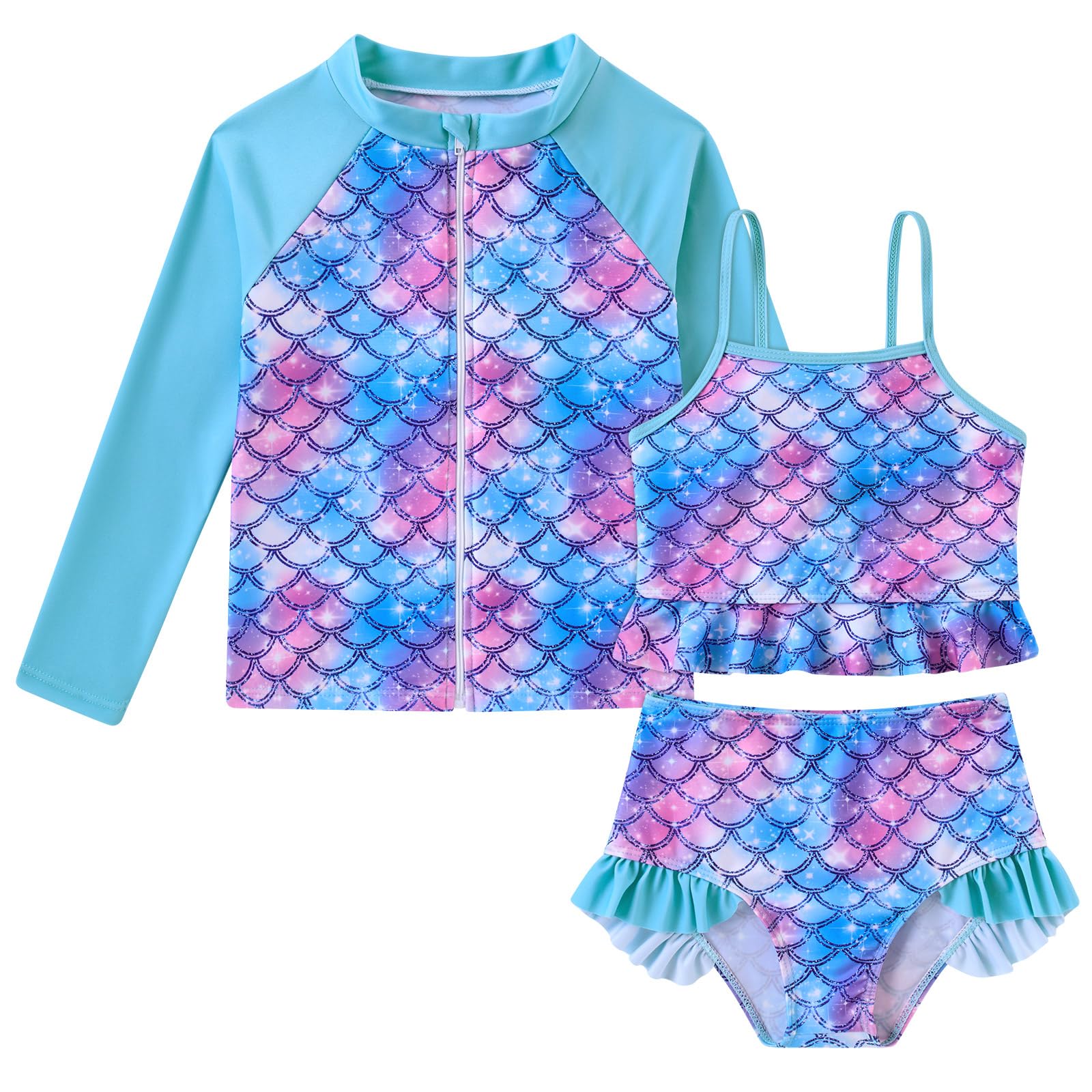 Funnycokid Girls Swimsuit Kids Bathing Suit 3-7 Years Rashguard Swimwear Long Sleeve 3 Piece Toddler