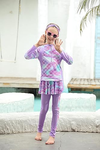 Girls Long Sleeve Rashguard Half Zip Swimsuits UPF 50+ Two Piece Swim Sets with Hairband 5-12Y