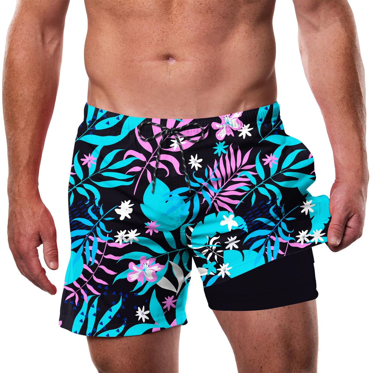 Cozople Mens Swim Trunks with Compression Liner 5.5" Inseam Quick Dry Bathing Suit Lightweight Swimming Shorts