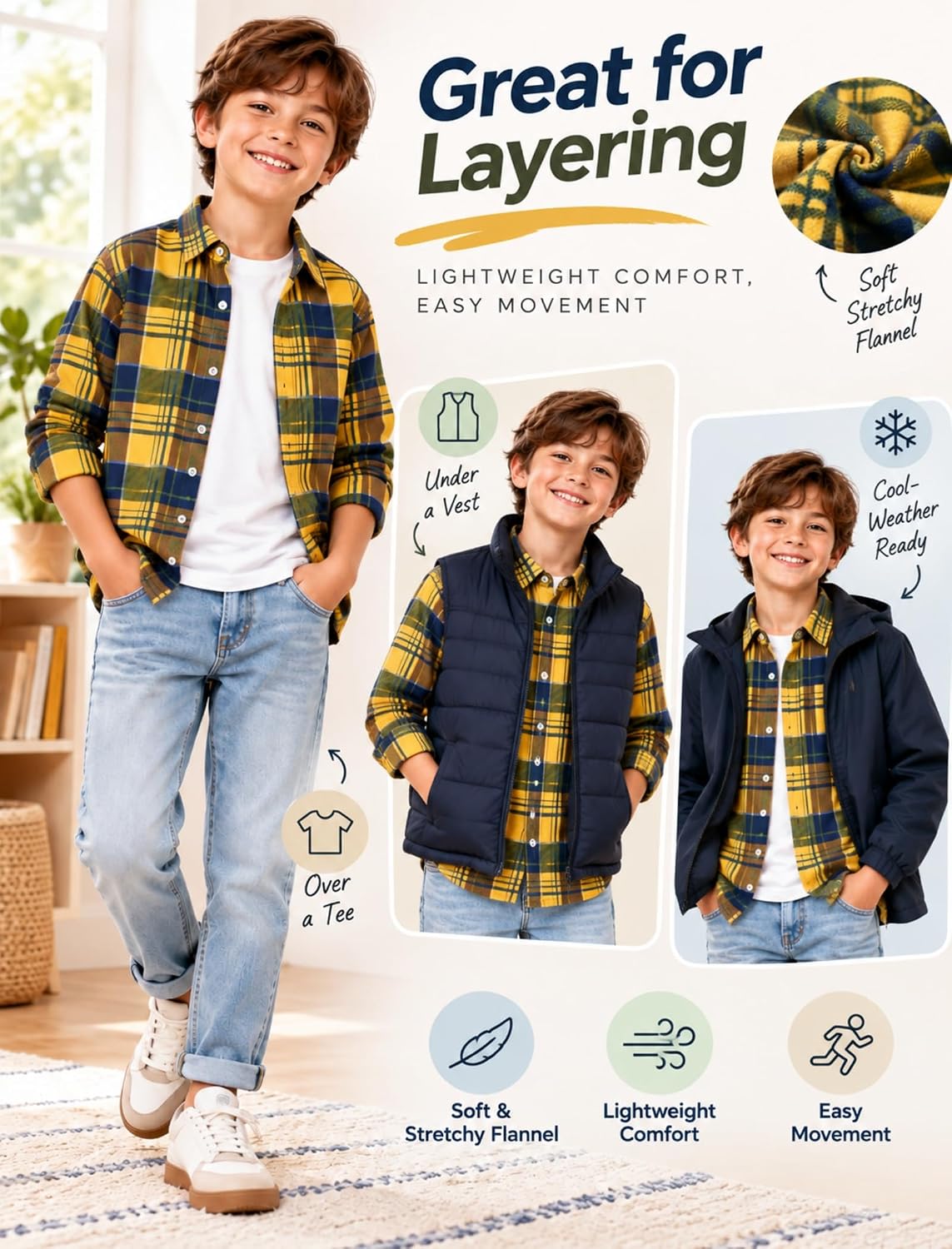 Cozople Boys Long Sleeve Plaid Flannel Button Down Shirt for 7-14 Years