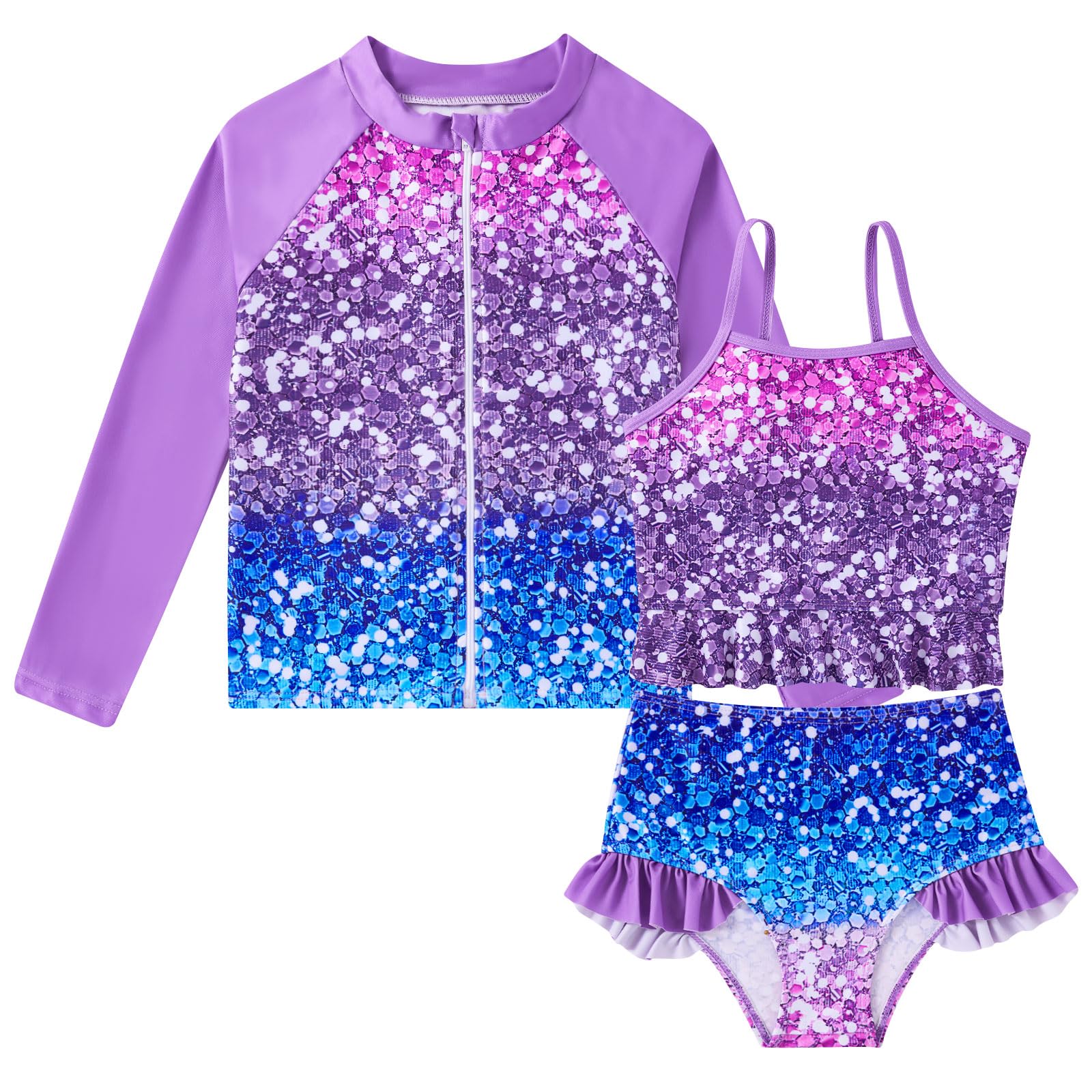 Funnycokid Girls Swimsuit Kids Bathing Suit 3-7 Years Rashguard Swimwear Long Sleeve 3 Piece Toddler