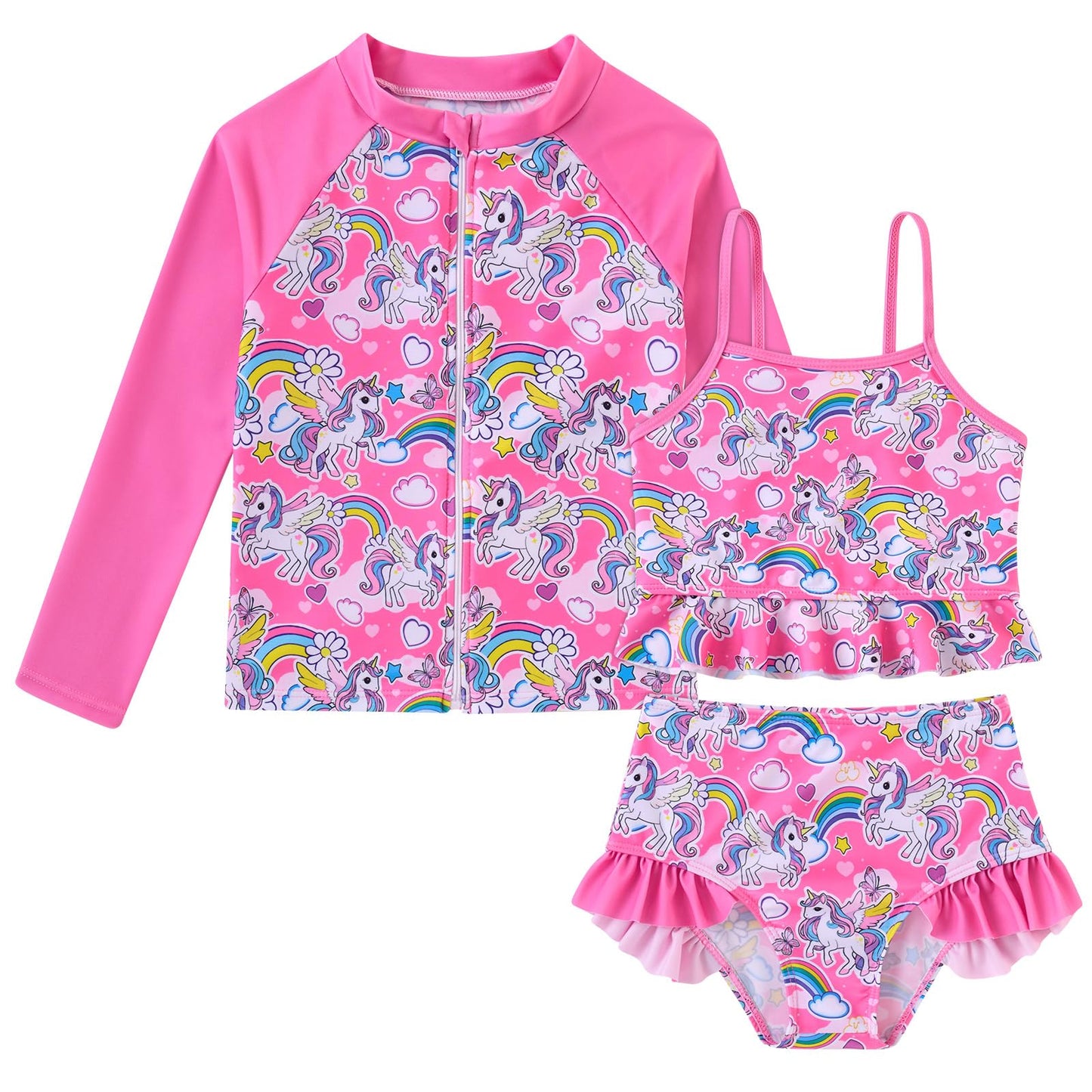 Funnycokid Girls Swimsuit Kids Bathing Suit 3-7 Years Rashguard Swimwear Long Sleeve 3 Piece Toddler