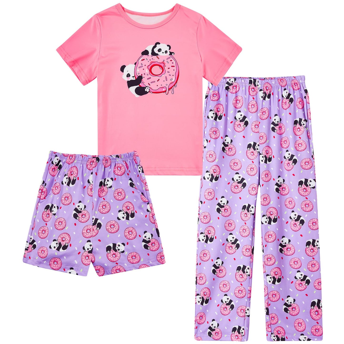 Funnycokid Girls Pajamas Kids 3 Piece Pjs Set Summer Short Sleeve Jammies with Pockets 5-14 Years