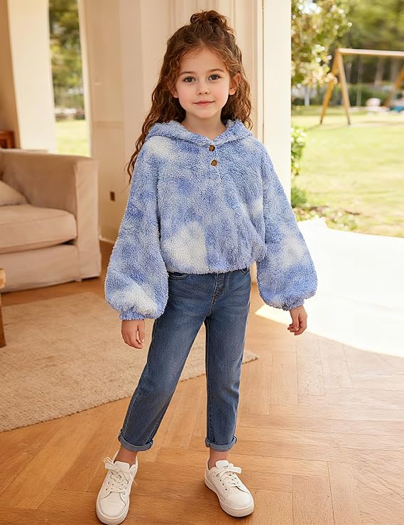 Girl's Fuzzy Hoodies Warm Loose Button Pullover Oversized Sherpa Jacket Coat, Size 6-13Y