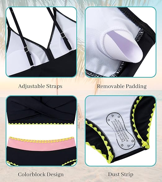 Kids4ever Girls Swimsuit 2 Piece Color Block Teen Bikini Sets with Adjustable Straps Bathing Suit Size 9-16Y
