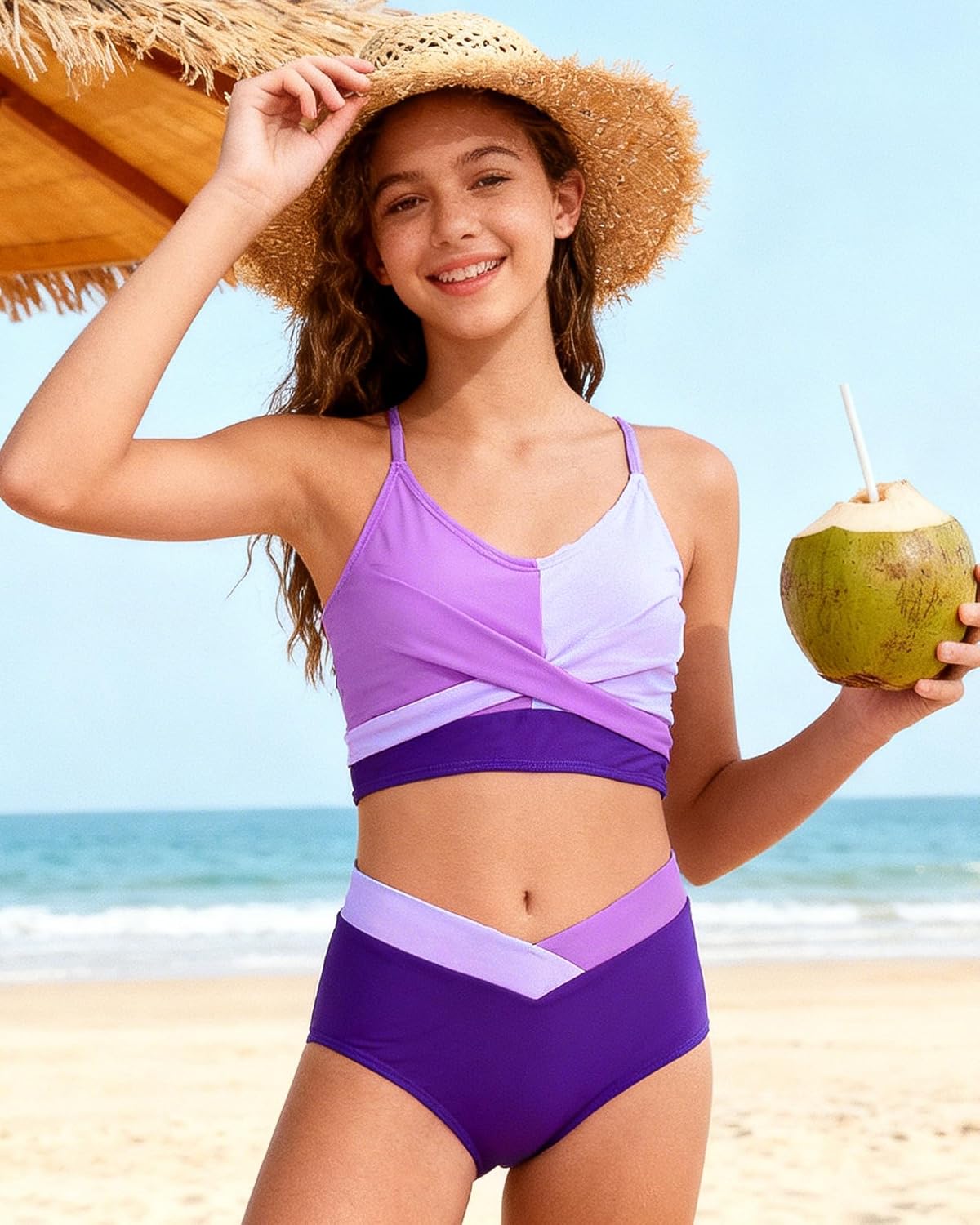 Teen Girls Swimsuit Size 9-16 Two Pieces Bikini Sets with Chest Pad Bathing Suit Color Block Swimwear