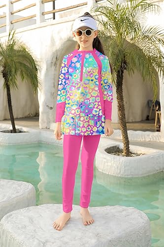 Girls Long Sleeve Rashguard Half Zip Swimsuits UPF 50+ Two Piece Swim Sets with Hairband 5-12Y