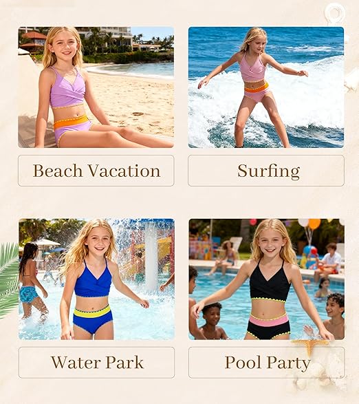 Kids4ever Girls Swimsuit 2 Piece Color Block Teen Bikini Sets with Adjustable Straps Bathing Suit Size 9-16Y