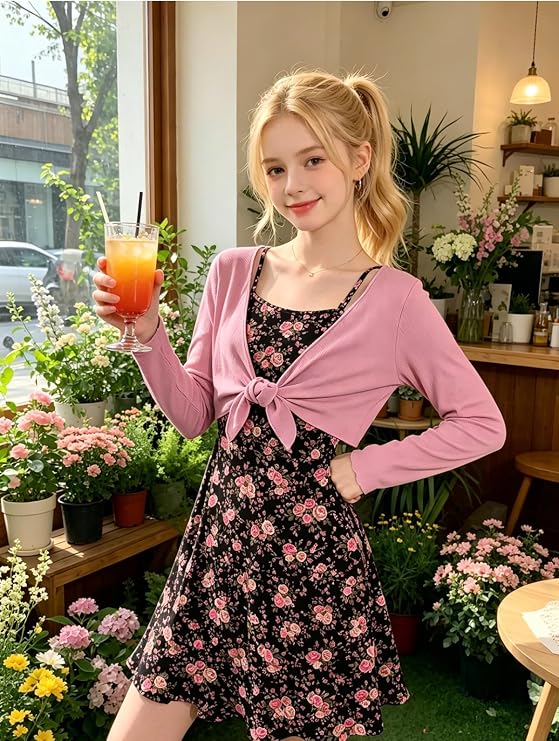 Girls Soft Stretchy Knit Cardigan,Shirred Back A-Line Dress,Picture Day Outfits for School,Tween Girls Trendy Clothes 7-14Y