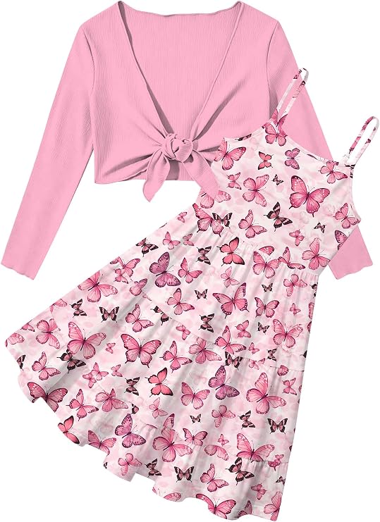 Girls Soft Stretchy Knit Cardigan,Shirred Back A-Line Dress,Picture Day Outfits for School,Tween Girls Trendy Clothes 7-14Y