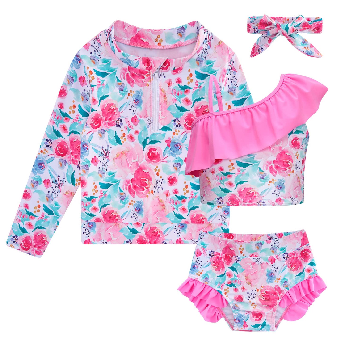 Funnycokid Baby Toddler Girls Swimsuit 4 Piece Bathing Suit Long Sleeve Rash Guard Sets 6 Months - 5 Years
