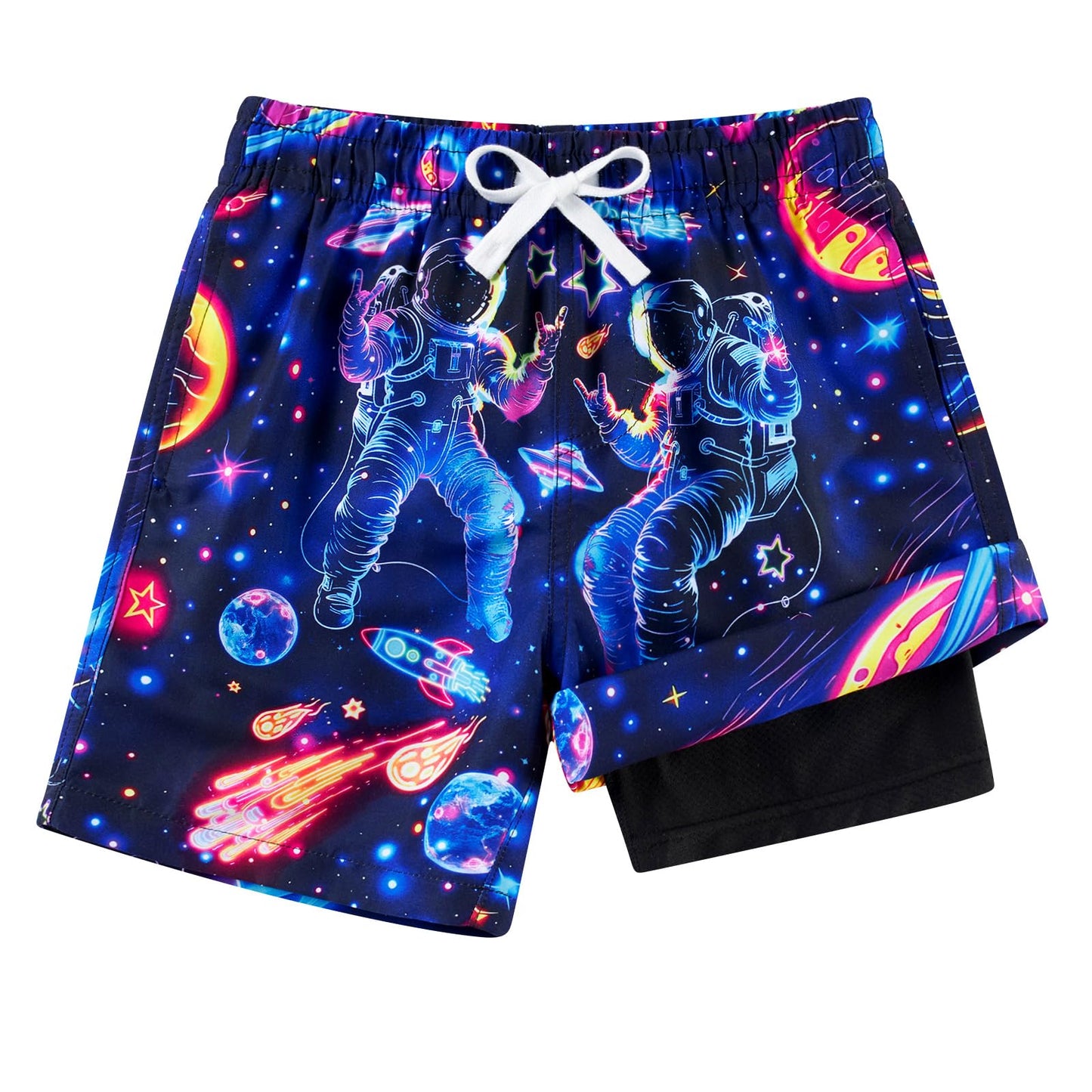 Cozople Boys Swim Trunks with Compression Liner Neon Bathing Suit Quick Dry Swim Shorts Swimsuit 7-16T