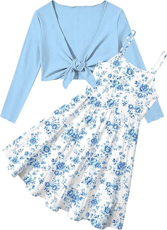 Girls Soft Stretchy Knit Cardigan,Shirred Back A-Line Dress,Picture Day Outfits for School,Tween Girls Trendy Clothes 7-14Y