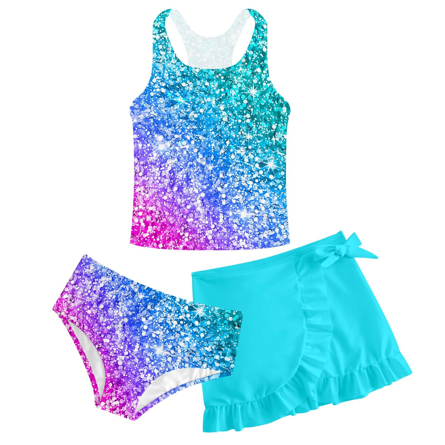 Girls Swimsuits 3 Piece Tankini Bathing Suit Set Cute Bikini Swimwear with Cover Ups Beach Skirt 5-16 Years