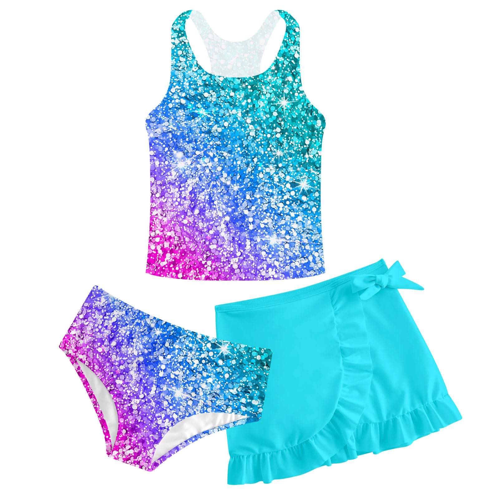 Girls Swimsuits 3 Piece Tankini Bathing Suit Set Cute Bikini Swimwear with Cover Ups Beach Skirt 5-16 Years