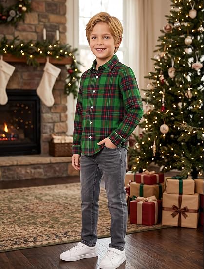 Boys Long Sleeve Plaid Flannel Button Down Shirt for 7-14 Years