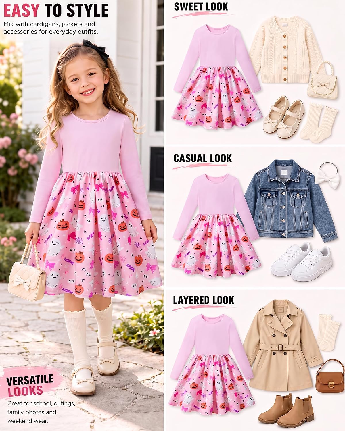 Vogseek Girls Dress Toddler Fall Dress Long Sleeve Dresses Ages 3-7 | Toddler Girls Dress, Twirly Dress, A-Line Skirt,95%Cotton-5%Spandex Top, School, Party, Casual，Various Prints
