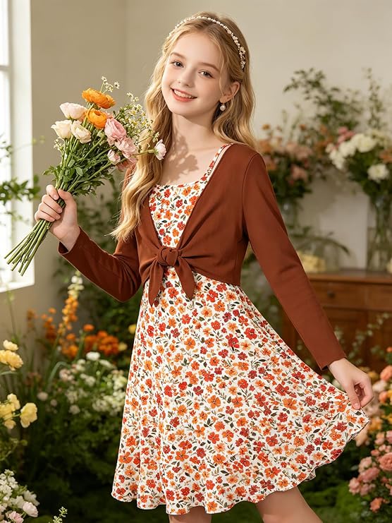 Girls Soft Stretchy Knit Cardigan,Shirred Back A-Line Dress,Picture Day Outfits for School,Tween Girls Trendy Clothes 7-14Y