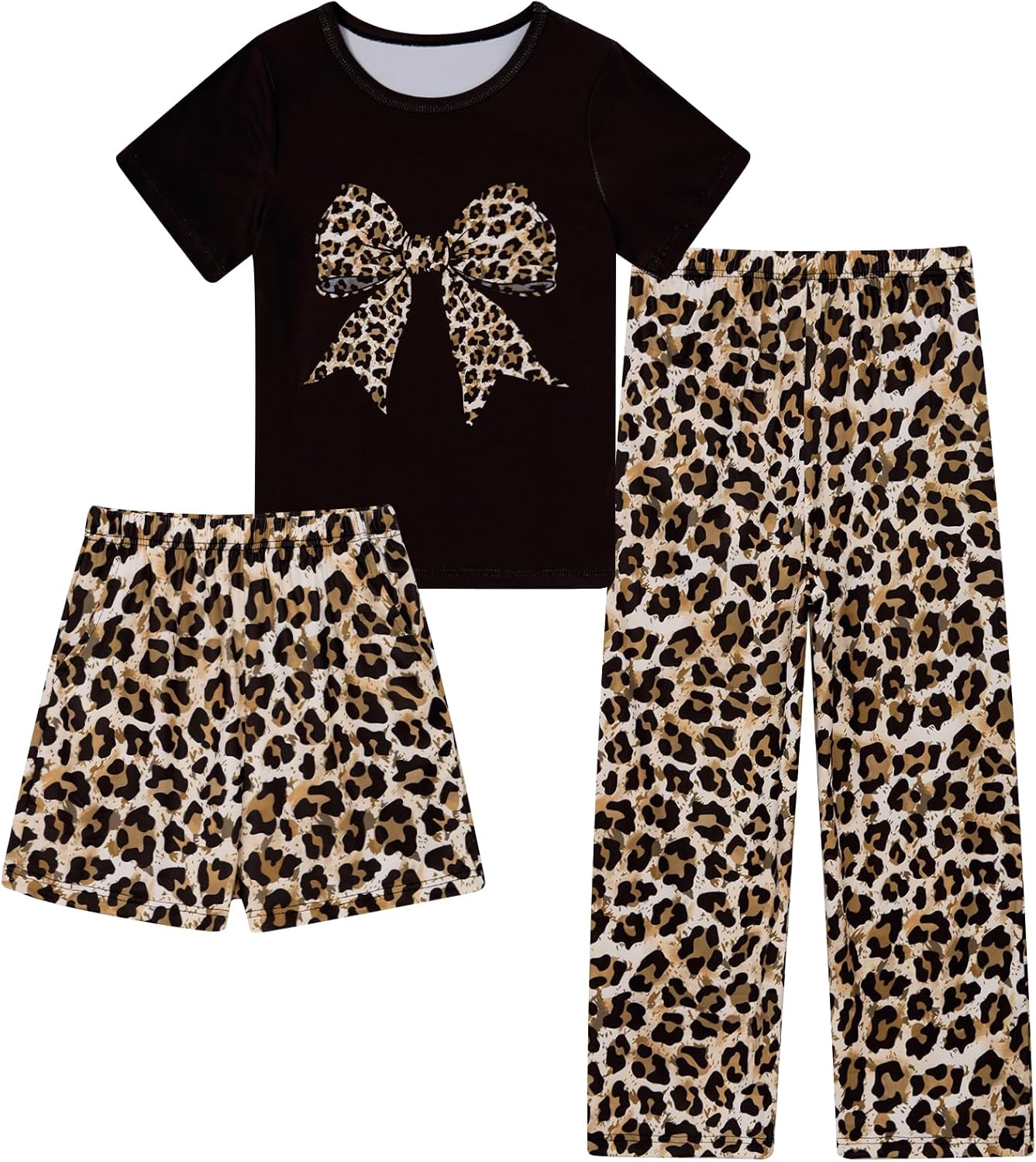 Funnycokid Girls Pajamas Kids 3 Piece Pjs Set Summer Short Sleeve Jammies with Pockets 5-14 Years