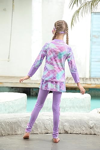 Girls Long Sleeve Rashguard Half Zip Swimsuits UPF 50+ Two Piece Swim Sets with Hairband 5-12Y