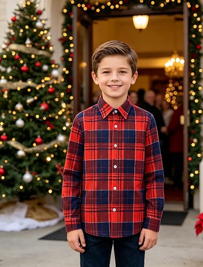 Boys Long Sleeve Plaid Flannel Button Down Shirt for 7-14 Years