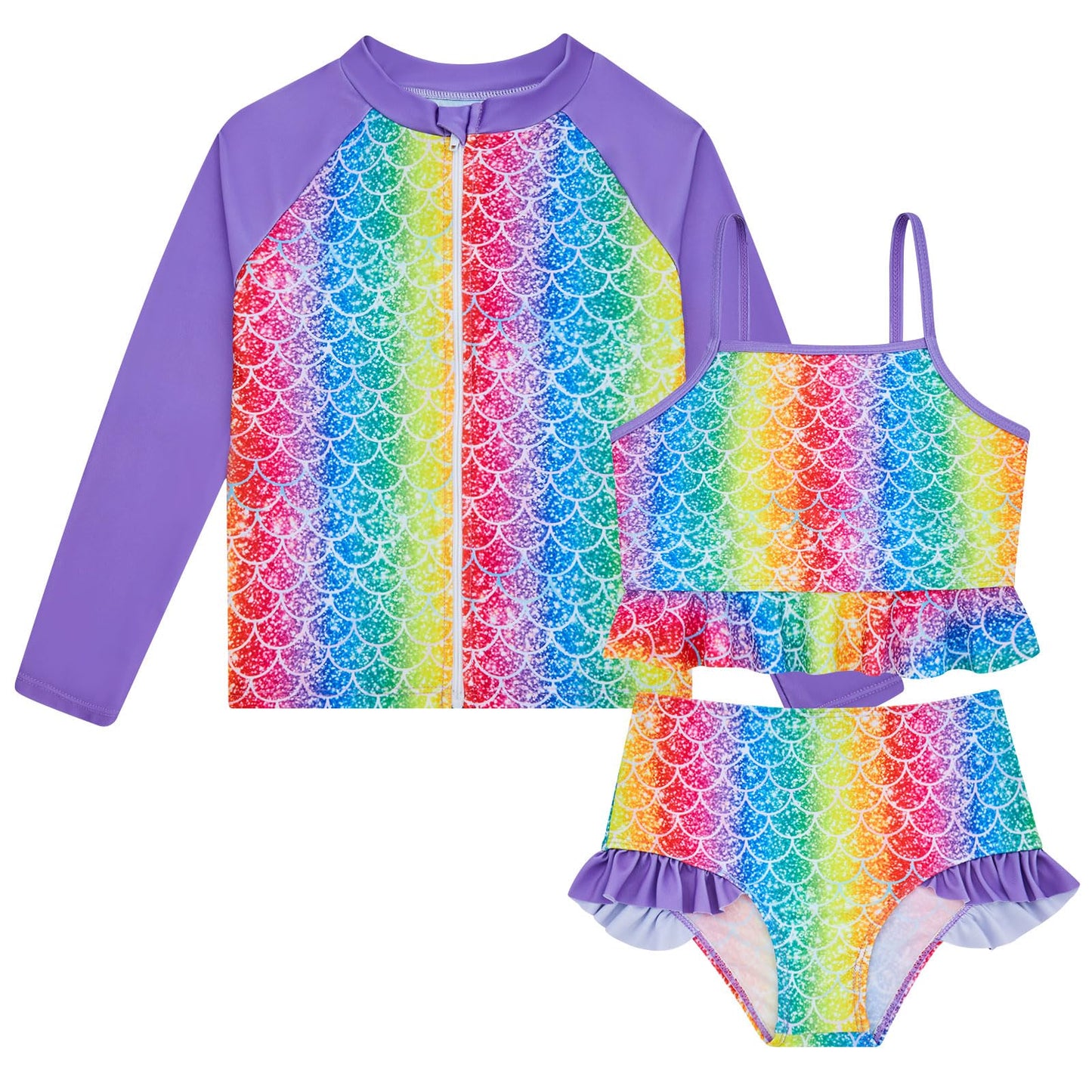 Funnycokid Girls Swimsuit Kids Bathing Suit 3-7 Years Rashguard Swimwear Long Sleeve 3 Piece Toddler